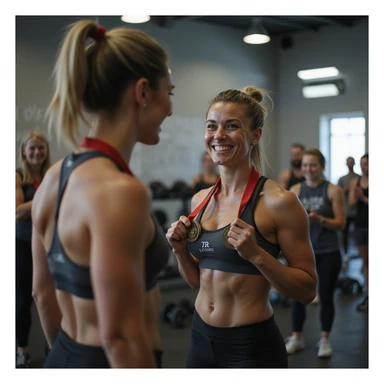 hyperrealistic 4K image of a proud woman in sportswear standing in front of a gym mirror, toned muscles, holding a medal in hand, friends applauding, motivational writing on the mirror, bright environment sticker