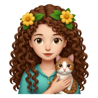Girl with long curly hair holding cat With flower in hair  sticker