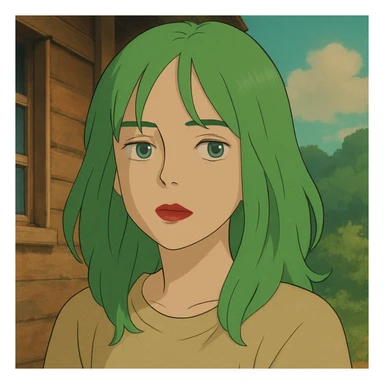 girl with green hair like Billie Eilish and red lipstick, ghibli style sticker
