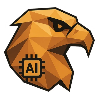 Update the mini icon version of the polygonal eagle head to feature a different AI symbol. Replace the neural network or speech bubble with a subtle AI chip or circuit board motif integrated into the eagle design, keeping the background fully transparent. Maintain the modern and intelligent polygonal style. sticker