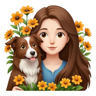 A long-haired girl is holding a brown Border Collie in the flowers sticker