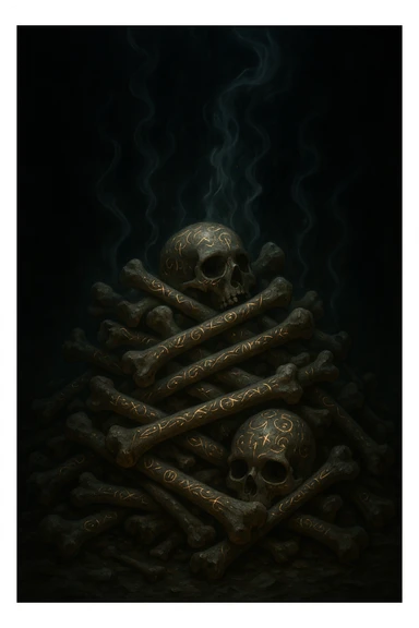 bones stacked in a heap, each bone etched with arcane symbols, wisps of magical energy emanating upward sticker
