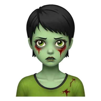 Emoji zombie girl verde com cabelo preto curto com uma expressão impassivel sticker