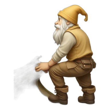 side view of gnome with light tan pants and boots squatting above small brown log sticker