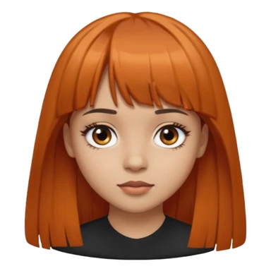 Light skin girl, black to brown orange-ish hair, big brown eyes and medium straight hair with bangs above the eyebrow  sticker
