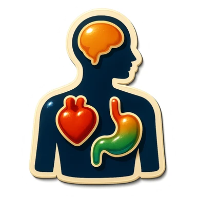 human silhouette with highlighted organs heart stomach head, clear outlines, strong shadows and highlights, psychosomatics and psychology theme, fun and not too complex sticker