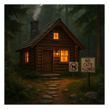 cozy cabin in the woods with a 'No Cats Allowed' sign, surrounded by nature sticker