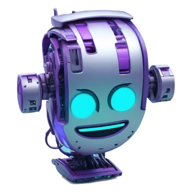 Smily face robotic scanning device, cyberpunk, cyan and purple colors, friendly, futuristic, binary code sticker