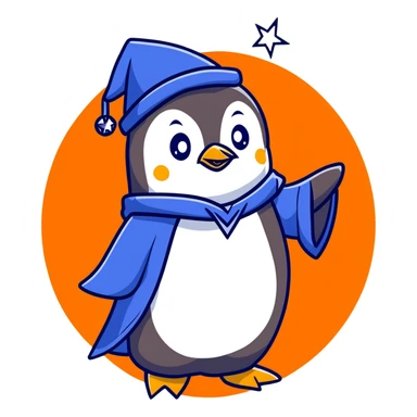 A penguin in a blue wizard robe and pointy hat with stars, casting a magical spell sticker