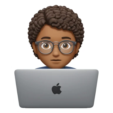 3D Apple Memoji–style emoji, brown-skinned male character, short curly hair, thick glasses, calm focused eyes, peeking over silver laptop, transparent PNG, 4K. sticker
