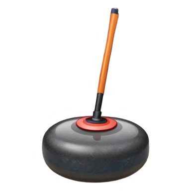 An icon featuring a curling stone in the foreground on an ice sheet with marked target circles. A curling broom rests nearby. In the background, a grand indoor stadium with bright lights and cheering fans. The ice reflects the vibrant colors of the surroundings. Transparent background. sticker