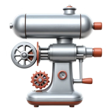 sausage-processing droid. retro-futuristic style. top is a circular industrial meat grinder with rotating gears and blades. Two robotic arms feed material into grinder. Sausage links extrude from the rear like  factory. The body is metallic, compact, and floats above the ground.no legs. Dark humor sticker
