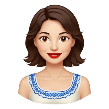 Confident 40-year-old woman with healthy glowing skin, round cheeks, warm smile, expressive light brown eyes, red lipstick, wavy dark brown shoulder-length hair, summery white top with blue embroidery and electric blue neckline sticker