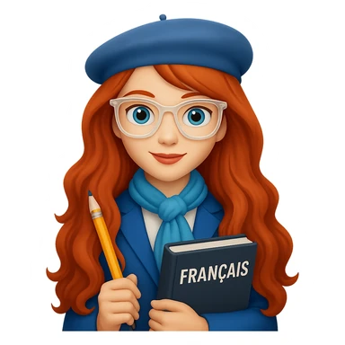 Make her hair even longer and wavier, and make her glasses clear-framed. Keep her as a French teacher in a stylish outfit, holding a pencil and a French textbook. The style should resemble emoji style. Remove the background. sticker