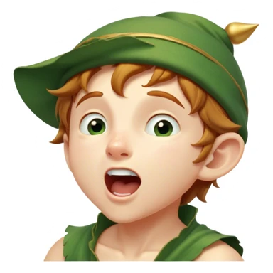 Cinematic Realistic Peter Pan Portrait, head tilted slightly with a dramatic, wide-open yawn, revealing a relaxed yet spirited expression. His detailed tunic and cap, paired with a gentle, ambient glow, capture a tender moment of vulnerability amidst his eternal quest for adventure. sticker
