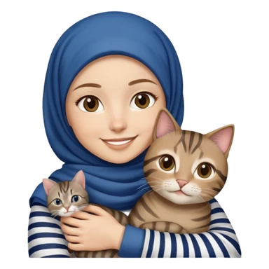 White girl wearing dark blue hijab with white shirt smiling while holding a black grey brown stripes tabby cat sticker