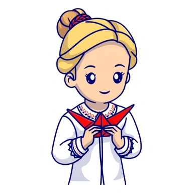 Ukrainian young girl with blonde braided hair wearing a white traditional embroidered shirt (vyshyvanka) holding a red origami paper crane in her hands sticker