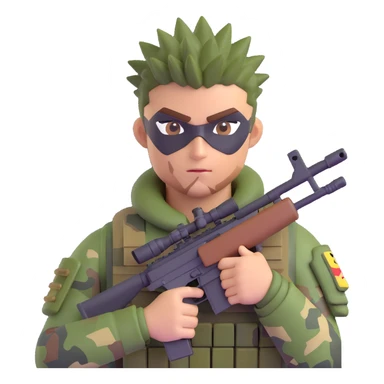 Add camouflage face paint to the muscular soldier, keep the spiky hair and sniper rifle, preserve 3D emoji style, no background. sticker