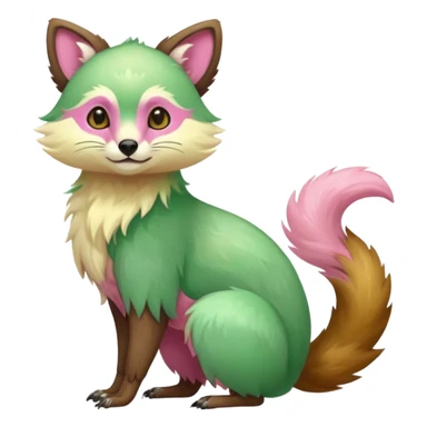 Colorful brown with rose-pink, yellow-beige-cream, jade-green tropical exotic shiny beautiful fantasy-Vernid-Cacomistle-animal-Fakémon-hybrid-fursona (full body) sticker