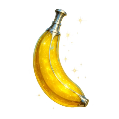 banana-shaped luxurious elixir bottle, banana yellow color, iridescent and silver details, intense magical glowing and sparkling effects, very small neck, seamless bottom, transparent background, floating, no base or shadow, modern, matching a collection sticker