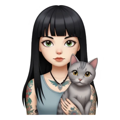 girl with long black  straight bangs hair and tattoos and a light grey-shared cat sticker