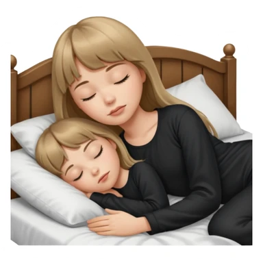 Young woman with long dark blond hair all around her, and a bang, sleeping in bed  with black pyjama  sticker