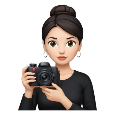 48 year old woman photographer with dark hair in a bun, wearing black clothes sticker