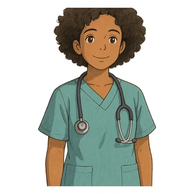 ghibli style afro latina nurse with gentle smile, curly hair, medical scrubs sticker
