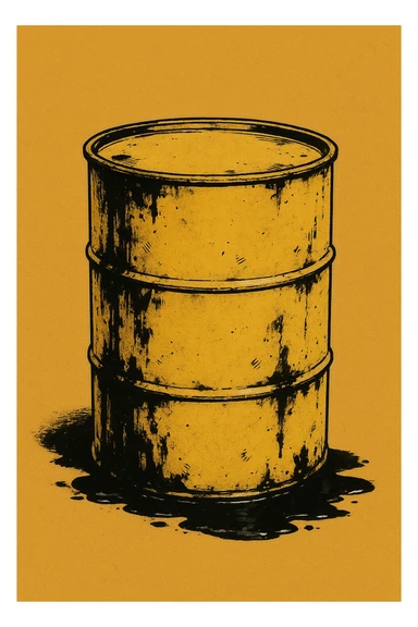 Сгенерируй мне темно желтую бочку чуть чуть прям испачканную нефтью в стиле японского комикса на однородном фоне. Она должна .смотреться ебать как стильно. Без рисунка капли.  sticker