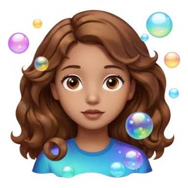 girl with brown wavy hair in a side part with big brown eyes looking off to the side with bubbles on both sides of her sticker