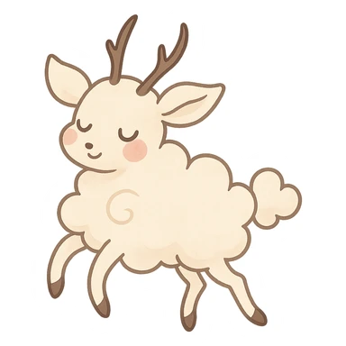 vanilla-colored cloud doe with rosy cheeks, floating gracefully with witch-like elegance, whimsical and soft, designed as a brand identity mascot for social media sticker
