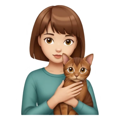 a girl with short brown hair and bangs holding an Abyssinian cat sticker
