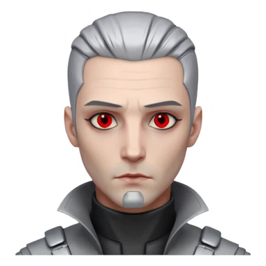 Cyberpunk man, grey slicked hair, silver metal thick  prosthetic jawline, red eyes, cold expression, clinical lighting sticker