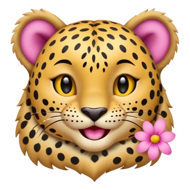 A leopard with big smile. A pink flower with a yellow center is tucked behind its right ear
 sticker