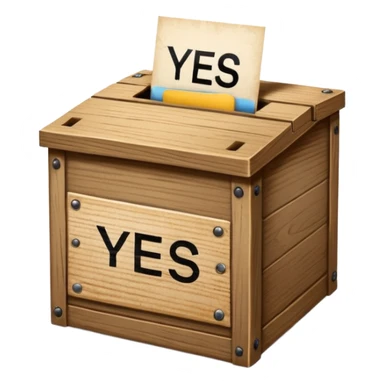 Vote box with "yes but" aber' written on the front and paper entering the top slot sticker