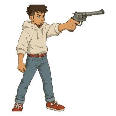 1 male, mid fade haircut dark chestnut brown curly hair, toasted lightskin, white hoodie sleeves up, fashion jeans, red fashion-sneakers shoes, red belt, short trimmed beard and goatee,  style of deku from "my hero academia", drawing a magnum revolver like dirty harry sticker