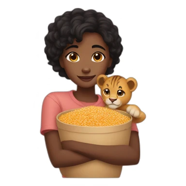 black girl, brown eyes, short black hair hugging a pack of Lion cereals sticker