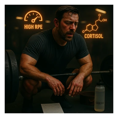 Add floating icons showing high RPE and cortisol above the head, in cinematic style and with the same palette. sticker