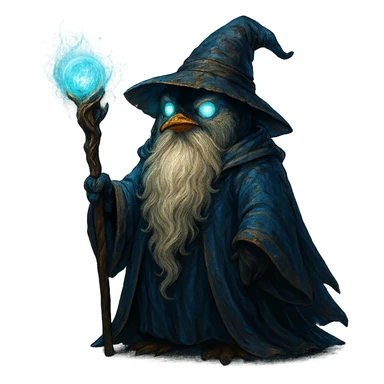 a penguin wizard with a long beard, mystical staff, glowing eyes, fantasy-inspired style sticker