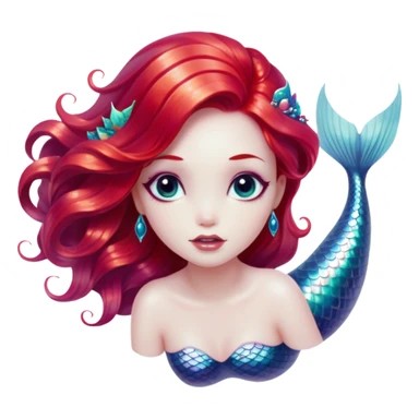 Cinematic Realistic Red Hair Mermaid Portrait, depicted with lifelike porcelain white skin that glows with an ethereal radiance, enhanced by soft underwater lighting. Her intricately detailed, flowing red hair cascades like liquid fire, framing deep, soulful eyes that mirror the mysteries of the deep sea. Accented by shimmering, iridescent scales and delicate aquatic embellishments, the portrait features an enchanting underwater glow that marries realism with mythic ocean elegance. sticker