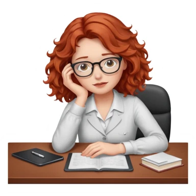 Pretty model, brown eyes, soft red wavy hair, falling asleep at desk sticker