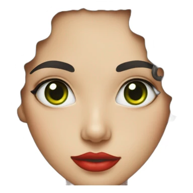 Portrait photo of a young woman with long black curly hair, green eyes, red lips, and fair skin sticker