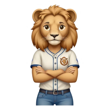 determined anthropomorphised female lion in a baseball shirt and jeans with arms folded sticker