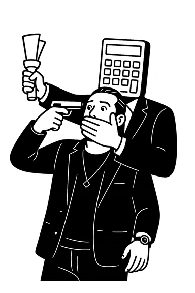 Используя такую стилистику и точно такого же героя, сгенерируй картинку. На ней позади героя стоит фигура в черном костюме, у которой вместо головы калькулятор, она приставила к виску героя пистолет, а другой рукой закрывает рот героя, прозрачный фон sticker