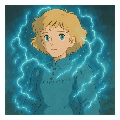 a woman with short curly blonde hair, blue eyes, blue electric aura, soft and magical, ghibli style sticker