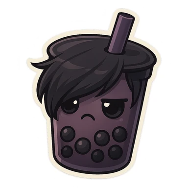 chibi sticker-style bubble tea with an emo vibe, dark colors, side-swept bangs, cute and exaggerated sticker