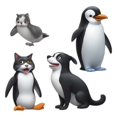 Penguin playing with dog and cat sticker