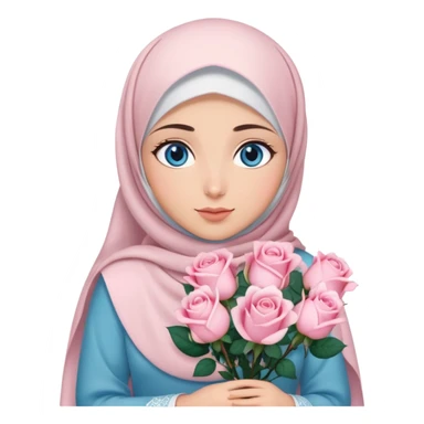 Turkish beautiful finish Konya girl blue eyes with hijab islamic dress and had on her hand light pink roses sticker
