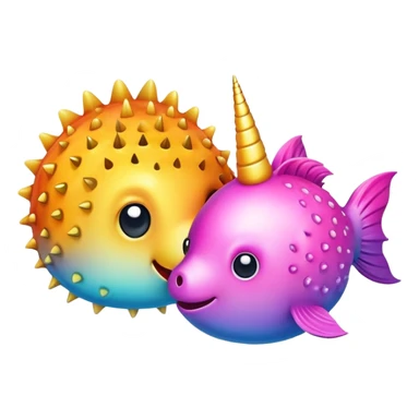 Emoji stile with invisible background, a pufferfish and a unicorn in love sticker