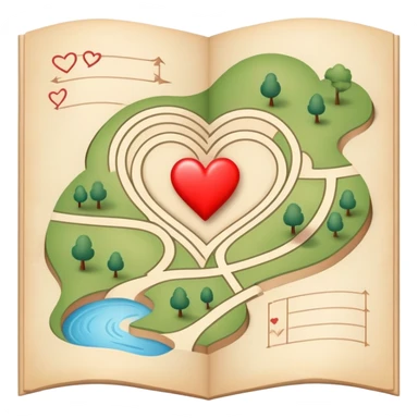 Folded map icon with subtle paths drawn – symbolic exploration of love and attraction, with gentle heart-shaped pathways and relationship journey markers sticker